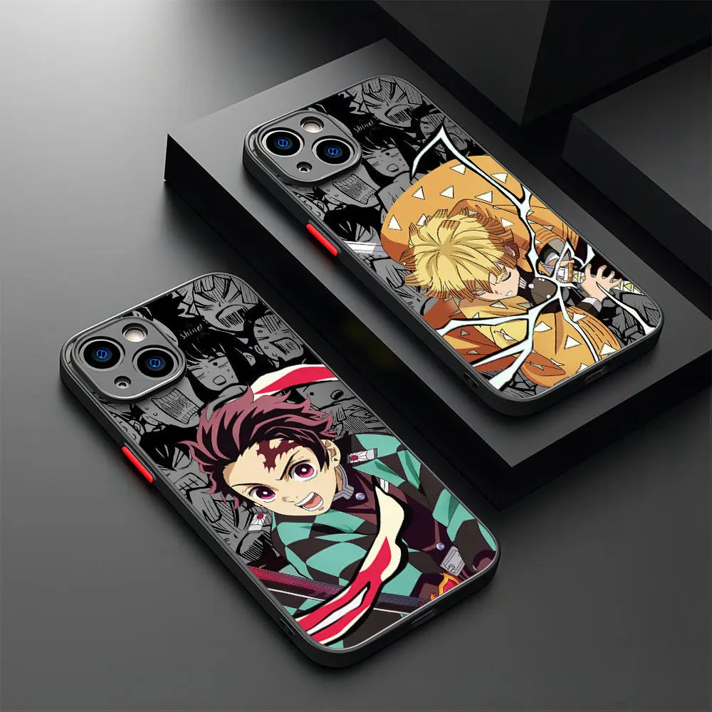 Japan comics Demon Slayer Black Phone Case For iPhone 15 14 13 12 11 Mini Pro Max XR XSMax 7 8 Plus Matte Transparent Back Cover