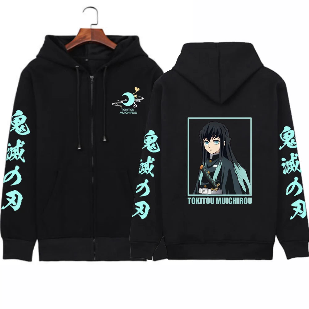 Anime Demon Slayer Mens Zipper Hoodies Sweatshirt Muichiro Tokito Manga Hoodie Long Sleeves Casual Pullover Zip Up Jacket Coats